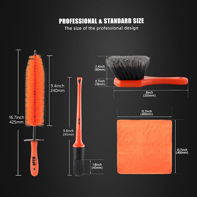 SPTA 8Pcs Wheel & Tire Brush Car Detailing kit, Easy Reach Wheel and Rim Brush, 5pcs Detailing Brushes, Short Handle Cleaning Brush, 1pc Microfiber Cleaning Cloth, Great to Clean Dirty Tires
