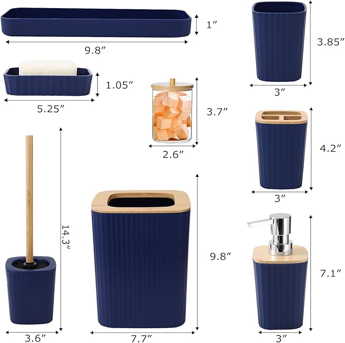 Blue Bathroom Set - Navy Blue Bathroom Accessories Set with with Trash Can,Toothbrush Holder,Toothbrush Cup,Soap Dispenser,Tray,Soap Dish,Toilet Brush,Qtip Holders for Bathroom Home Decor