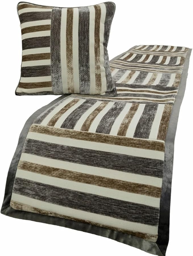 The HomeCentric King/Queen/Twin Beige & Grey Designer King 90"x18" Bed Runner with Pillow Cover, Patchwork Bed Scarf on Velvet Fabric - Striation