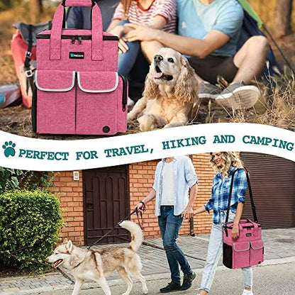 PetAmi Dog Travel Bag Pet Supplies Accessories Organizer for Traveling, Camping, Weekend; Cat Pet Travel Bag Kit Includes 2 Food Storage Containers, 2 Collapsible Bowls, 1 Feeding Mat (Pink)