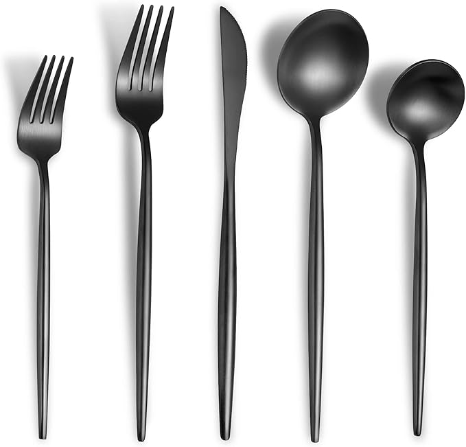 Lemeya Matte Black Silverware Set for 8,Modern Stainless Steel Brushed Cutlery Set,40-Pieces Heavy Duty Flatware Set,Knives Spoons and Forks Set Utensils Set, Satin Finish, Dishwasher Safe