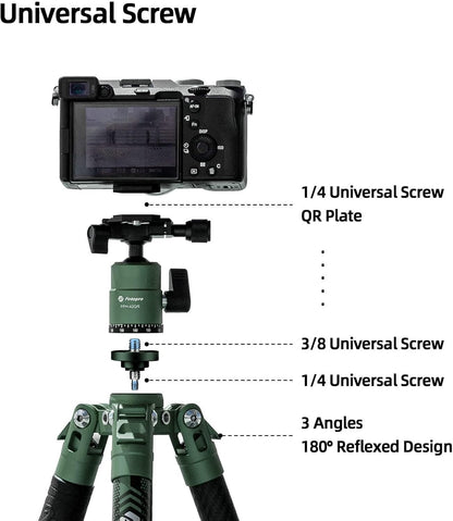 Fotopro Carbon Fiber Tripod 60 Inch 360 Degree Ball Head Quick Release Plate Lightweight Camera Tripod for Travel Tripod Folded Height Only 14.2",Max Loads up to 22lbs,Green