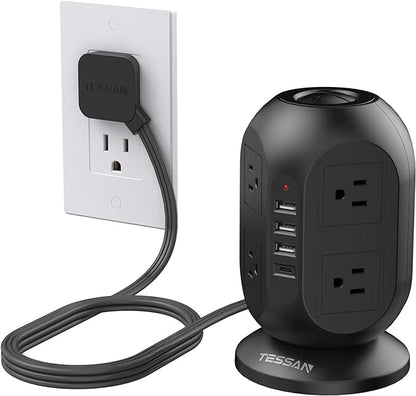 Surge Protector Power Strip Tower, TESSAN 10 ft Flat Extension Cord with Multiple Outlets, 8 AC Outlets 4 USB Ports (1 USB C), Charging Station with Surge Protection for Home Office Dorm, Black