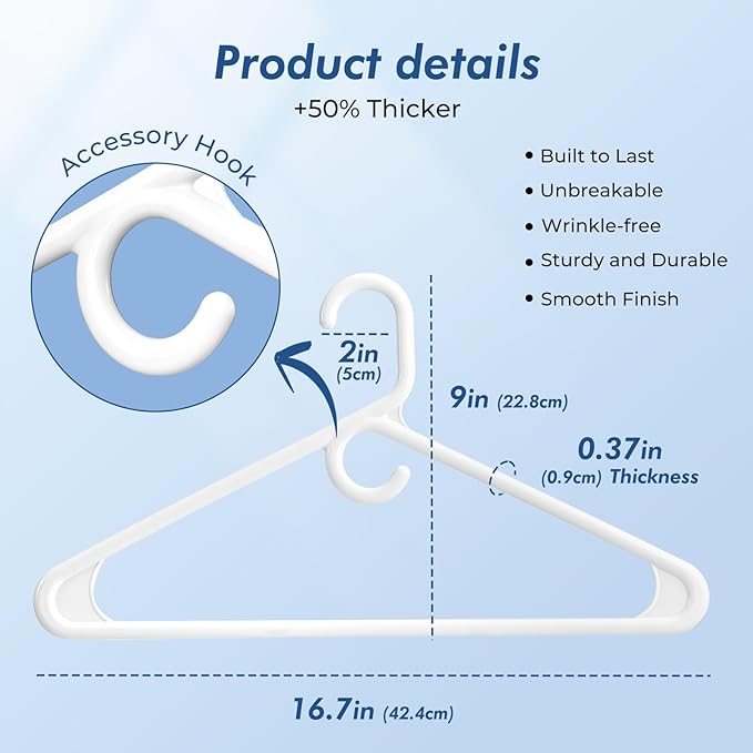 HOUSE DAY Quality Plastic Clothes Hangers 38 Pack – Super Heavy Duty 20lb Capacity Thick Strong Closet Hangers White for Adult Clothing – Durable for Coats, Jackets, Jeans, Pants