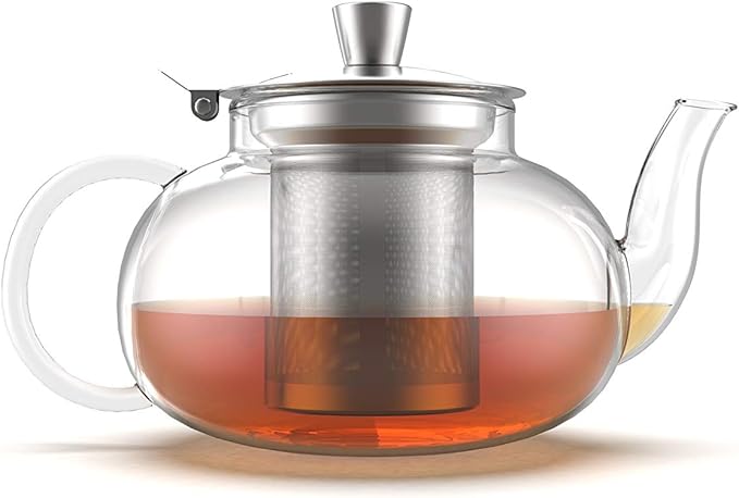 Glass Teapot Stovetop Compatible Kettle with Stainless Steel Removable Infuser, Loose Leaf Tea, Stovetop Safe Tea Pot and Strainer (27 Ounce)