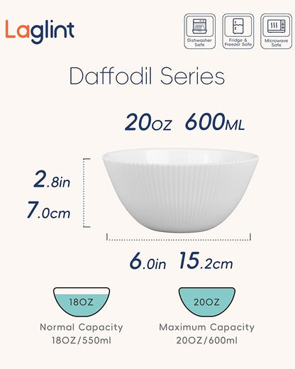 20 OZ Max White Opal Glass Cereal Bowl Set of 6, 6 inch Dishwasher & Microwave Safe Round Ribbed Bowls for Kitchen, Salad, Soup and Rice