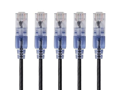Monoprice Cat6A Ethernet Patch Cable - Snagless RJ45, 550Mhz, 10G, UTP, Pure Bare Copper Wire, 30AWG, 5-Pack, 7 Feet, Black - SlimRun Series
