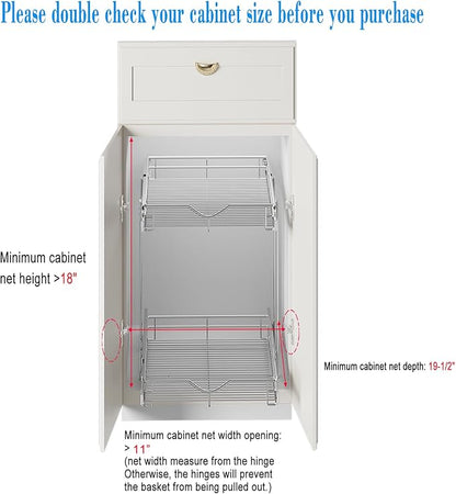 DINDON 2 Tier Pull Out Cabinet Organizer (11" W x 18" D) Heavy-Duty Metal Sliding Drawer Shelf, Two Tier Pull Out Shelves for Kitchen Cabinets, Pantry, Bathroom, Chrome Finish