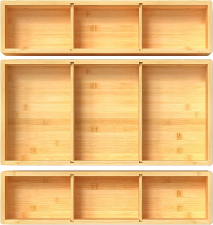 Bamboo Drawer Organizer 12.5'' X 12.5'' X 2'', Adjustable 3 Individual Junk Drawer organizer for Bathroom and Kitchen, Wood Drawer Tea Organier Boxes for Silverware, Make up and Tea Bag