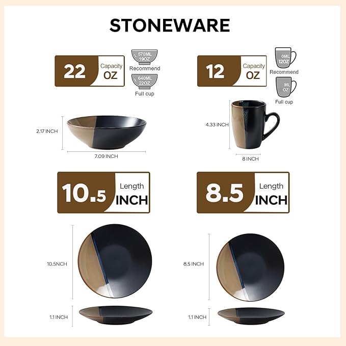Beston Stoneware Dinnerware Sets Service for 4, 16 pcs Reactive Glaze Plates and Bowls Sets, Handmade Ceramic Dish Set, Highly Chip and Crack Resistant Modern Plate Set, Brown and Black