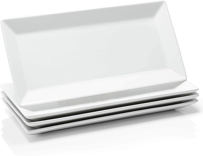 Sweese Porcelain Serving Tray, 12 Inch Rectangle Plates for Sushi, Meat, Desserts, Cakes, White Serving Platter for Restaurant, Banquet, Party, Microwave Oven Dishwasher Safe, Stackable, Set of 4