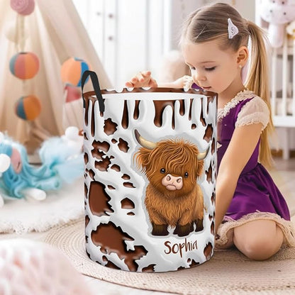 callie Personalized Highland Cow Laundry Basket for Kids, Waterproof Collapsible Laundry Hamper, Clothes Toys Storage Bin for Bedroom Nursery (13.8" x 16.5", 15.7" x 19.6")
