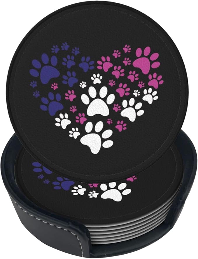 6 Pcs Cat Dog Paw Prints Heart Leather Coasters