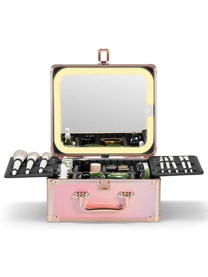 Qislee Makeup Box with A Detachable Lighted Mirror, Waterproof Travel Train Case, Cosmetic Organizer and Makeup Suitcase with Adjustable Dividers, Magnetic LED Mirror(Sparkling Gradient Pink)