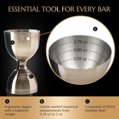 Double Bell Jigger by Bull In China - 0.25oz to 2oz Measures for Cocktails, Bars & Bartenders (Antique Brass)