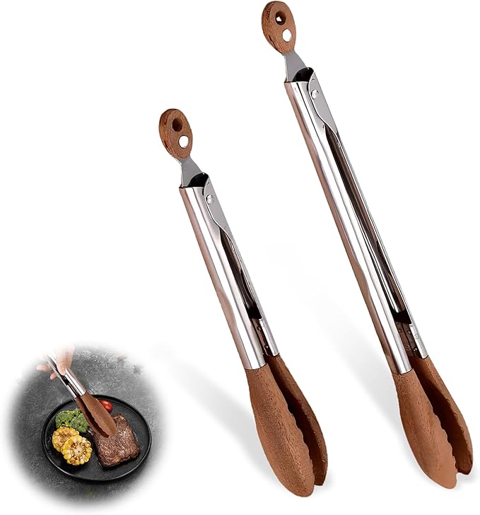 2 Pack Walnut Wooden Tongs For Cooking, 12 & 9 Inch Kitchen Salad Utensils Tongs with Hanging Hole and Wooden Tips, Stainless Steel Kitchen Barbecue Food Suitable for Salad