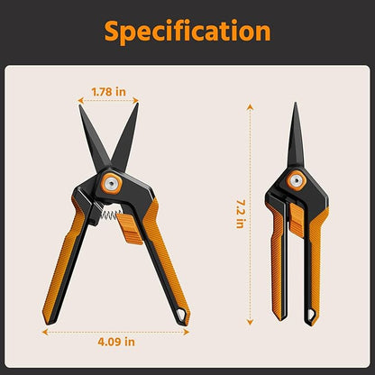PrunePro Garden Scissors Pruning Shears Sharp Stainless Steel Non-Stick Teflon Coating Blade for Precise Cuts Garden Snip Bonsai Clippers for Plants Rose Flower Orange 1 Pack