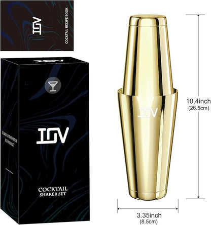 IOV Boston Cocktail Shaker Set, 18oz & 28oz Stainless Steel Weighted Shaker Tins, Metal Martini Drink Mixer for Bartending, Professional Bar Tools with Cocktail Recipe Guide, Gold