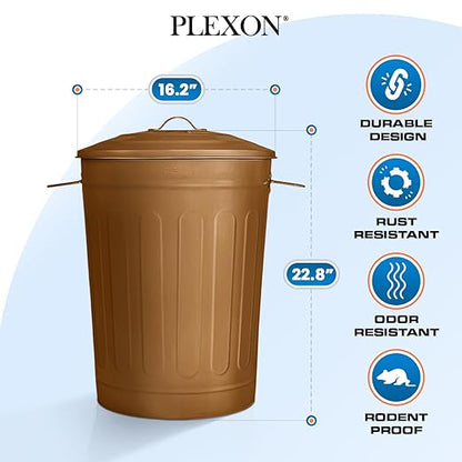 Plexon Round Trash Can 13 Gallon, Vintage Metal Outdoor Trash Can with Lid, Retro Farmhouse Garbage Container, Old School Modern Ash Bucket, Copper