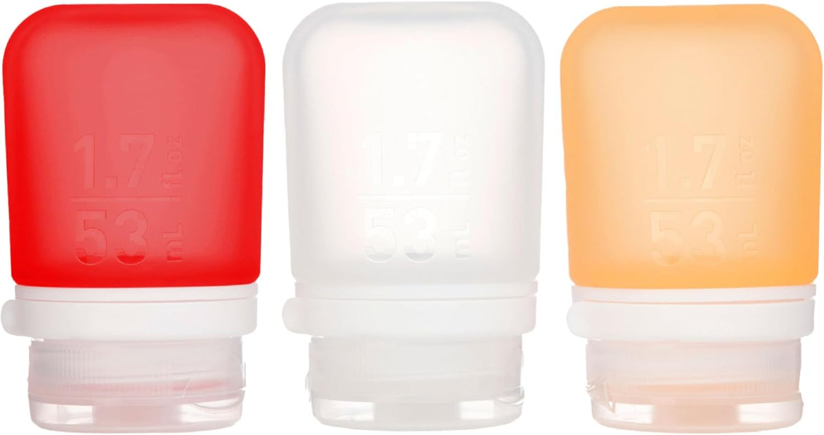 humangear GoToob+ 3-Pack (Small) | Refillable Silicone Travel Bottle | Locking Lid | Food-Safe Material, Clear/Red/Orange, Small (1.7 fl.oz; 53ml)
