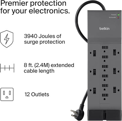 Belkin 12-Outlet Surge Protector Power Strip w/ 12 AC Outlets & 8ft Flat Plug, UL-listed Heavy-Duty Extension Cord for Home, Office, Travel, Computer, Laptop, Charger - 3,940 Joules of Protection