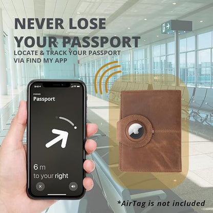 GARZINI Passport Holder with AirTag, Passport Wallet with RFID, Travel Accessories, Travel Document Holder with ID Window, Leather Passport Holder for 7 Cards, Brushed Brown