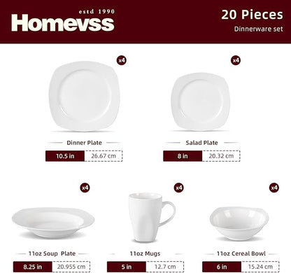 HomeVss, New Bone China Dinnerware Set, Coupe Square Shape, 20pc Set