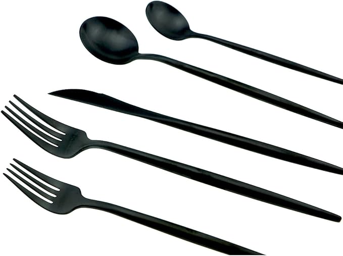JASHII 18/10 Stainless Steel 5-Piece Matte Black Flatware Set,Dinner Knife Fork Salad Fork Dessert Spoon, Service for 1, Luxury Silverware Cutlery Utensil Sets