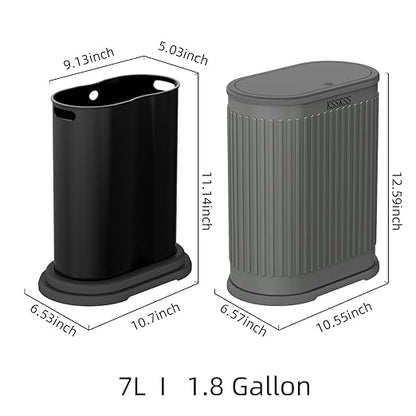 1.8 Gallons Small Stainless Steel Trash Can with Press Type Lid, Slim Bathroom Garbage Bin, Removable Liner Bucket, Dog Proof Narrow Wastebasket with Pop-Up Lid for Bedroom,Toilet (Gray)