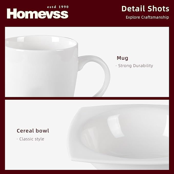 HomeVss, New Bone China Dinnerware Set, Rim Square Shape, 16pc Set