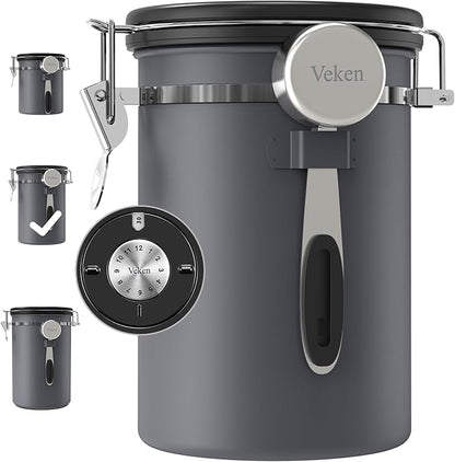 Veken Coffee Canister, Airtight Stainless Steel Kitchen Food Storage Container with Date Tracker and Scoop for Grounds Coffee, Beans, Tea, Flour, Cereal, Sugar, 22OZ, Gray