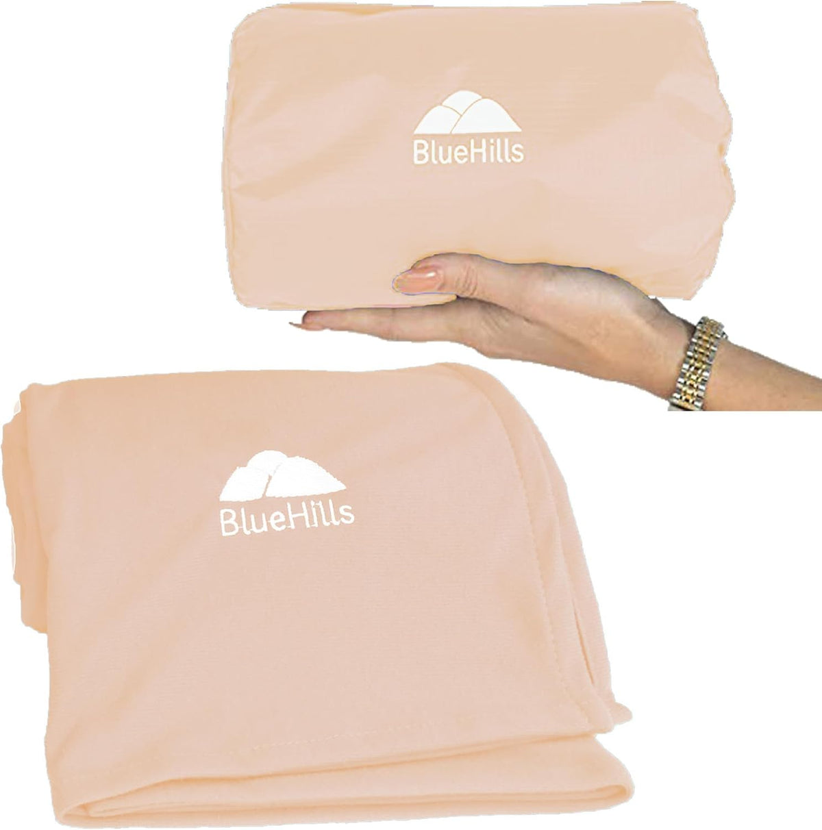 BlueHills Ultra Compact Travel Blanket Pillow for Airplane Traveling Essential Long Flight Trip Throw in Bag Portable Case Large Plane Accessories Beige - C007