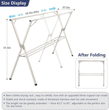 63 inches Foldable Clothes Drying Rack, Heavy Duty Stainless Steel Laundry Drying Rack for Indoor Outdoor,Clothes Rack Adjustable Length. 3 Additional Reinforcement Bars with 20 Windproof Hooks