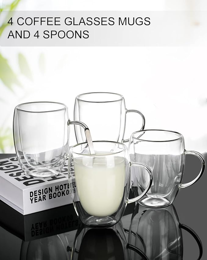 LIBWYS 4 Pack Double Walled Coffee Cups Glasses Mugs 12oz, Espresso Cappuccino Latte Tea Cups with Handle, Heat Resistant Borosilicate Clear Glasses 350ml