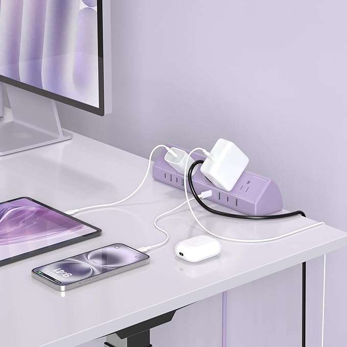 Jgstkcity Desk Clamp Power Strip, 45W Fast Charging Station,4 USB-C, 4 USB-A,1200J Surge Protector,ETL Listed,1875W Extension Cord,Multiple Outlets for Home, Office (Purple, 6 FT Cable)