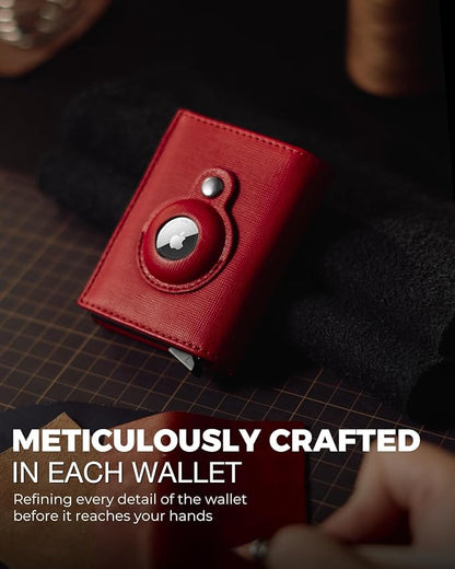Jenoss Smart AirTag Wallet for Men & Women: Full Grain Leather, Black Pop Up Case, Slim, RFID Blocking, Credit Card Holder Apple Air Tag Tracker Trifold Minimalist 12 Slot ID (Red & Black)