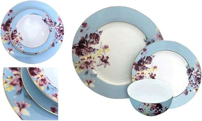 Gusto Buono Floral Porcelain 12-Piece Set, Designed in Italy, 4 Cereal Bowls (5.5), 4 Salad Plates (7.5), and 4 Dinner Plates (10.5), Blue