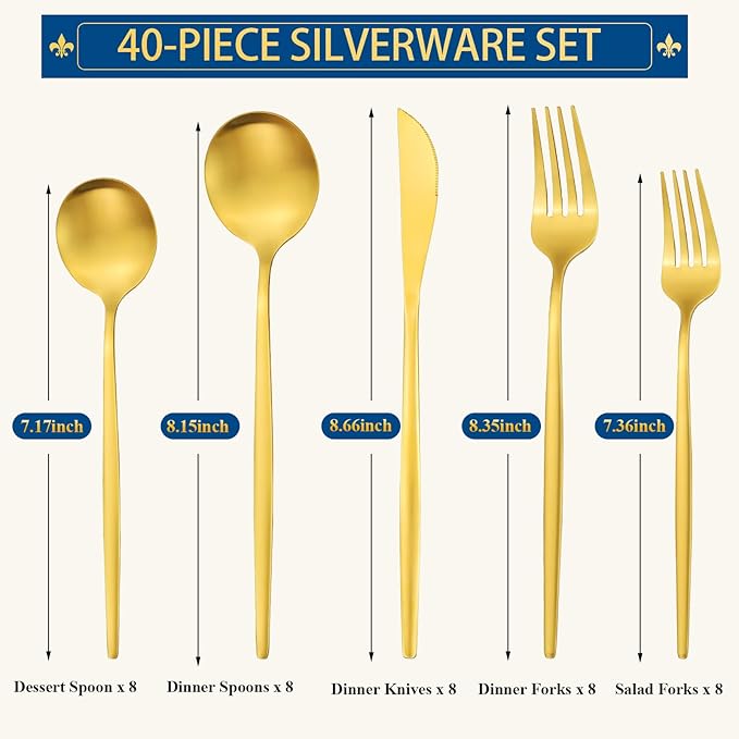 Gold Silverware Set for 8, Stainless Steel Flatware Set, 40-Pieces Cutlery Tableware set Include Spoons And Forks Set, Matte Gold Utensil Set, Stain Finish, Dishwasher Safe