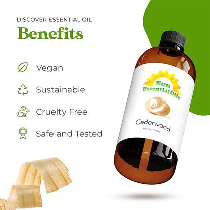Sun Essential Oils - Cedarwood 4oz Bottle for Humidifier, Diffuser, Soaps, Candles, Hair and Skin Care