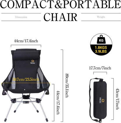 Nice C Ultralight High Back Folding Camping Chair, Backpacking Chair, Compact & Heavy Duty Outdoor, Travel, Picnic, Festival with 2 Side Pockets, Pillow &Carry Bag (One Black)