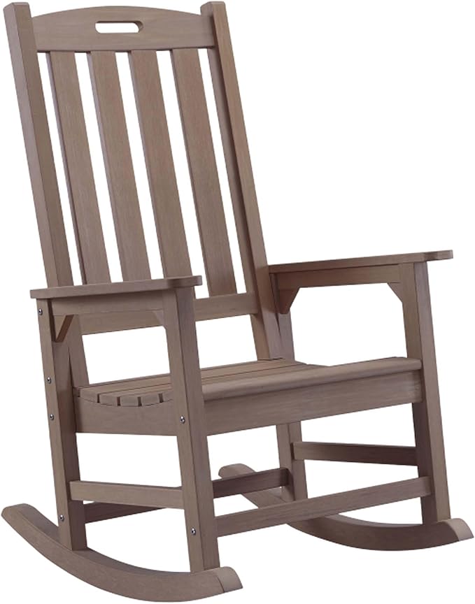 Psilvam Oversized Outdoor Rocking Chair, with 21" Wide Seat and 32" Tall Backrest, Pre-Assembled with Most Components for Effortless Installation (Brown)