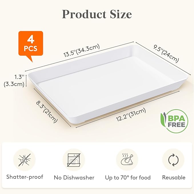 Lifewit Plastic Serving Tray for Party Supplies, 4 Pcs White Trays for Serving Food, Reusable Large Platter for Buffet, Fruit, Snack, Rectangle, Thanksgiving Christmas Essentials, 14" x 10"