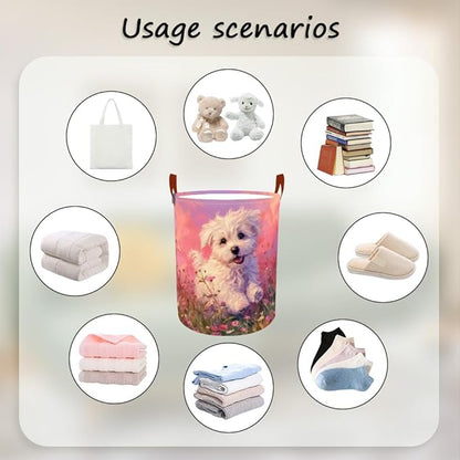 Laundry Baskets 15.7x19.7 Inch Large Puppy Wildflower Field Design Collapsible Laundry Hamper with Handles Oxford Fabric Clothes Storage Bin Foldable Dirty Clothes Organizer for Bedroom Bathroom Dorm