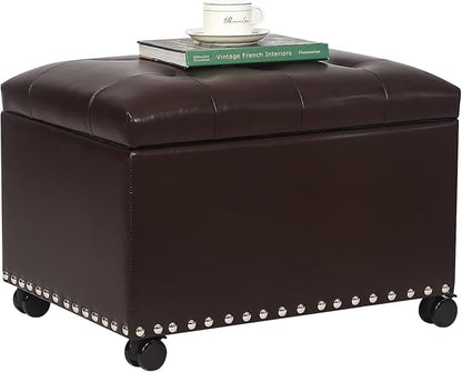 Joveco Leather Storage Ottoman with 360° Caster Wheels 24" Foot Rest Bench Rectangle Ottomans Stool for Living Room Bedroom (Brown, Wheels)