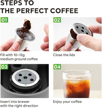 4 Pack Stainless Steel Reusable K Cups for K eurig Supreme & Supreme Plus, Five Hole Universal K-eurig Reusable Refillable coffee pod filter 2 Stainless Steel Spoons 2 Brushes