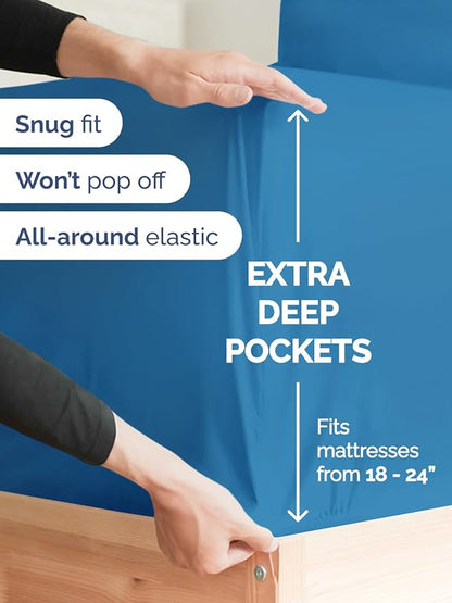 Extra Deep Pocket Cal King Sheets - 4 Piece Breathable & Cooling Bed Sheets - Hotel Luxury Sheet Set - Soft, Wrinkle Free & Comfy - Easily Fits Extra Deep Mattresses - Deep Pocket Denim Blue Sheets