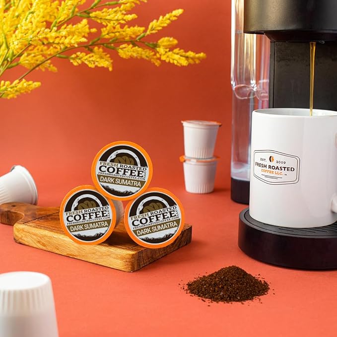 Fresh Roasted Coffee, Dark Sumatra Mandheling | 100% Single Origin | Dark Roast, 96 Pods for K Cup Brewers