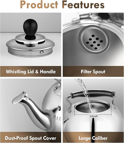 Dclobtop Whistling Tea Kettle Stovetop - 2.0 Quart Round Tea Pot for Stovetop, Silver Mirror Polished Classic Stovetop Kettle, Food Grade Material Teapot for Stove Top