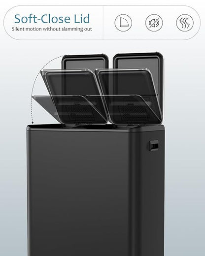 16 Gal (2 x 30 L) Dual Trash Can, Stainless Steel Kitchen Garbage Bin, Recycle Dustbin with Odor Control Box, Soft-Close Lid, Inner Buckets, Side Handle, Step Pedal, for Home Office