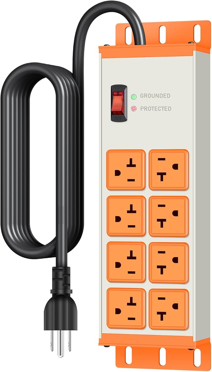 JUNNUJ Heavy Duty 20 Amp Surge Protector 4800J, Garage Metal 8 Outlets 12 Gauge, High Amp 5-15P Adapter Shop 6-20R T-Slot Industrial Outlet, 10 FT Extension Cord Commercial for Appliance, Grey